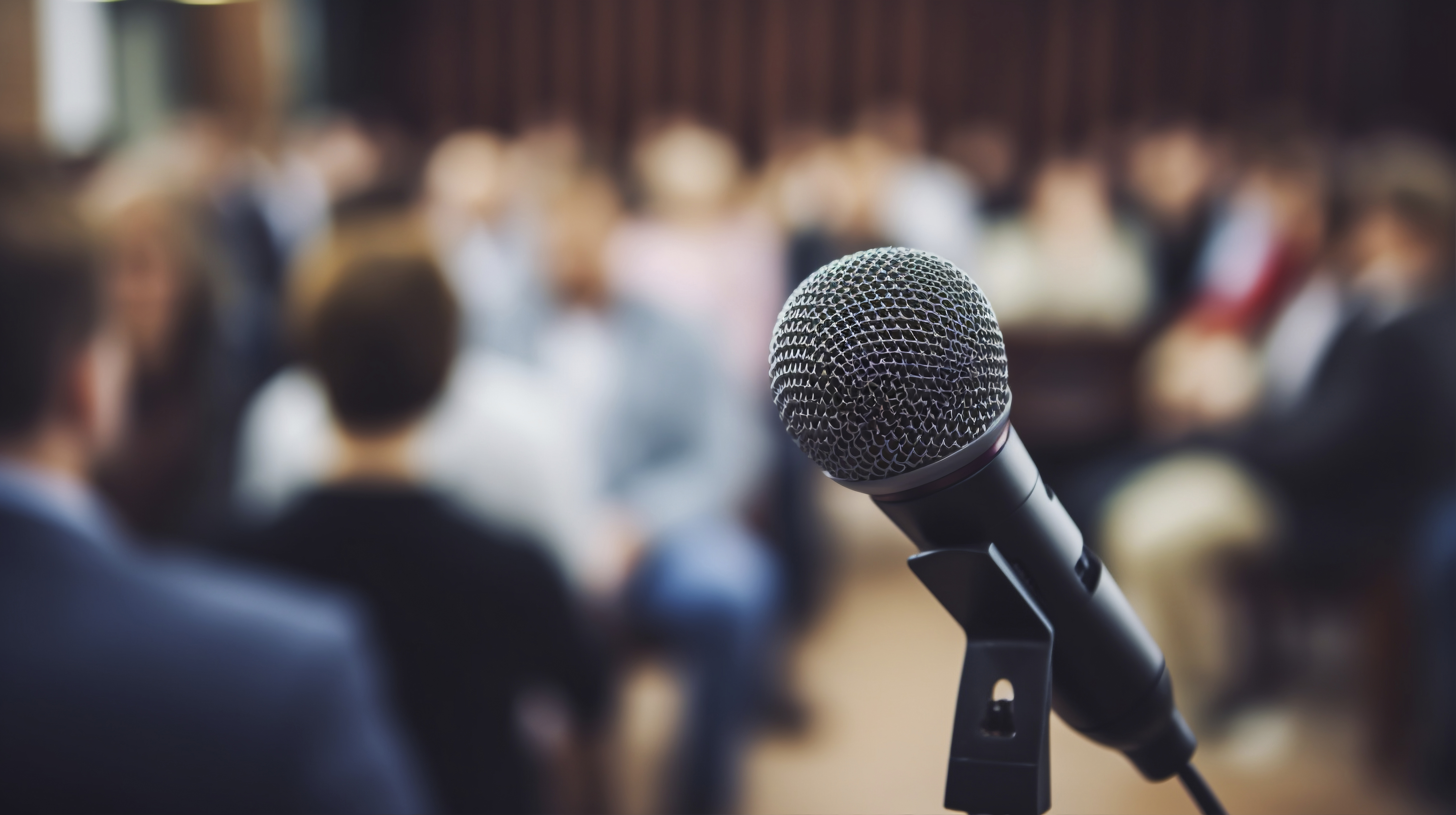 a focused mic and a blurred crowd